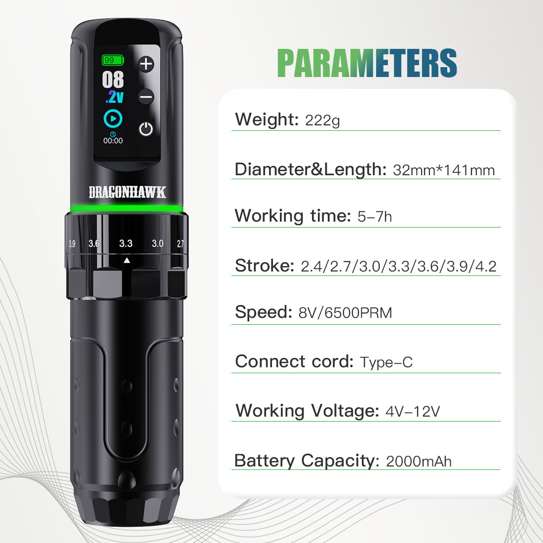 Dragonhawk L3 Wireless Tattoo Gun 7 Strokes Length  Rotary Pen Machine