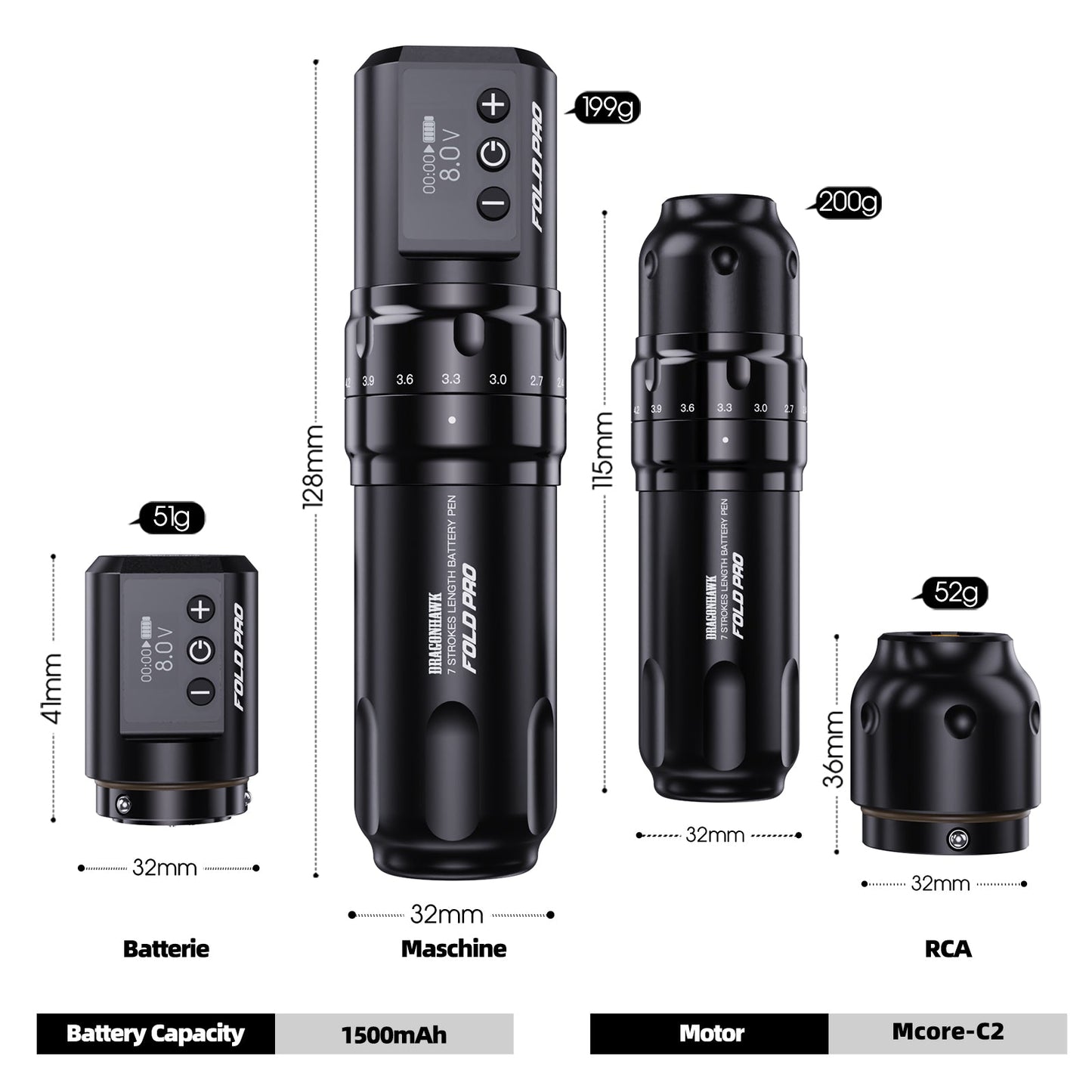 Dragonhawk Fold Pro Rotary Tattoo Machine With Dual Battery Kit